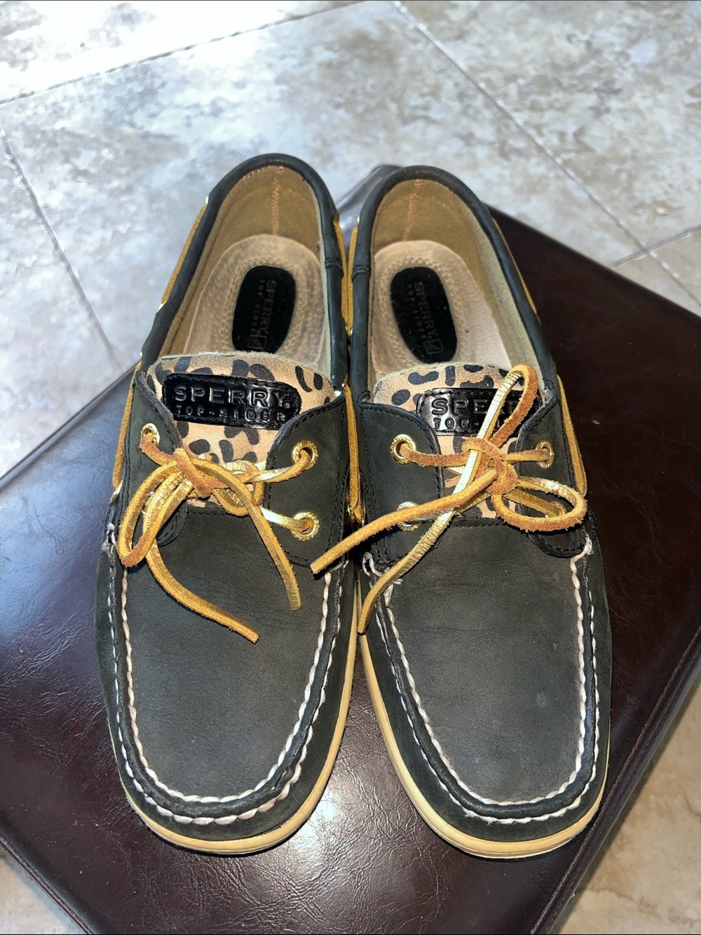 Sperry Black Leather Boat Shoes with Leopard Accent and Gold Hardware
